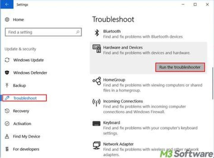 How do I access the hardware and devices troubleshooter?